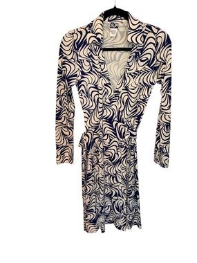 Diane Von Furstenberg Navy and Cream Printed Wrap Midi Dress